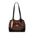 Leopard print patchwork shoulder bag with heart pendant and wooden bead decoration - With Pendant / Black and Brown