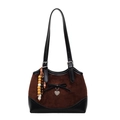 Vintage brown suede leopard print tote bag with heart pendant and wooden beads - With Pendant / Black and Brown
