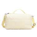 Beige quilted puffer tote bag with vibrant yellow handles and adjustable shoulder strap - Off White