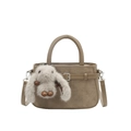 Khaki crossbody handbag with plush bunny charm and decorative silver metal buckle - With Pendant / Khaki