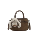 Dark brown suede handbag with leather trim and cute plush bunny charm variant - With Pendant / Brown