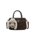 Dark brown suede handbag with silver buckle and cute grey plush rabbit charm - With Pendant / Brown