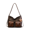 Leopard print canvas tote bag with front brown leather pockets and a cute bear charm - With Pendant / Green