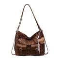 Leopard print crossbody bag with dark brown front pockets and cute plush bear charm - With Pendant / Brown