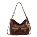 Vintage leopard print crossbody bag with brown faux leather pockets and a cute bear charm - With Pendant / Coffee