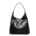Minimalist black glossy leather bucket tote bag with gold logo for daily commute - Black