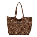 Large vintage leopard print canvas tote bag with black label and double shoulder straps - Brown