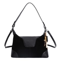 Black suede patchwork tote bag with wooden bead tassel and smooth PU leather details - With Pendant / Black