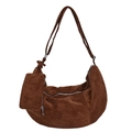 Dark brown suede hobo bag with matching small coin purse and silver zipper detail - Brown