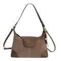 Brown faux suede paneled crossbody bag featuring unique wooden bead tassel detail - Khaki