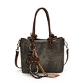 Retro canvas bucket bag in taupe with leather handles and decorative tassel charm - With Pendant / Black