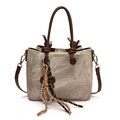 Khaki canvas bucket bag with brown leather handles and decorative tassel ornament - With Pendant / Khaki