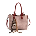 Retro lotus pink bucket bag with burgundy knot handles and unique hanging ornaments - With Pendant / Pink