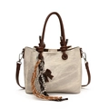 Retro canvas and leather bucket bag in beige and brown with decorative charms - Off White