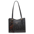 Retro black faux leather tote bag with large capacity and woven knot charm detail - With Pendant / Black
