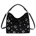 Borsa hobo nera con occhielli in metallo argento e tracolla regolabile chic - Nero