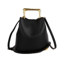 Elegante borsa a secchiello in pelle nera con manico a U dorato e tracolla sottile - Nero