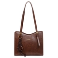 Vintage brown leather tote bag with long straps and gold metallic charms for women - With Pendant / Brown