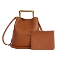 Caramel brown leather bucket bag set with stylish gold rectangle metal handles - Brown