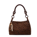 Leopard print tote bag with beaded wooden handle and colorful tassel charm detail - Brown
