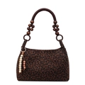 Faux suede leopard print tote bag featuring unique wooden bead braided handle detail - Coffee
