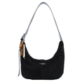 Black suede crescent shoulder bag with wooden bead tassel and leather logo patch - With Pendant / Black