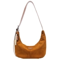Brown faux suede hobo bag with a crescent shape and stylish beaded tassel charm - With Pendant / Brown
