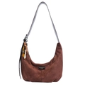 Dark brown suede hobo bag with moon shape design and colorful beaded keychain - With Pendant / Coffee