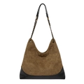Brown quilted hobo bag with black leather base and gold chain strap in large size - Brown