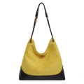 Quilted yellow suede tote bag with chain strap and gold twist lock on white background - Yellow