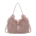 Schicke hellrosa Plüsch-Eimertasche mit weichem Kunstfell und silbernem Drehverschluss - Rosa