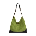 Quilted green suede tote bag with black leather base and gold chain strap detail - Green