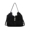 Schicke schwarze Plüsch-Eimertasche aus Kunstpelz mit silbernem Drehverschluss und Riemen - Schwarz