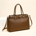 Borsa a mano in pelle marrone scuro con doppi manici e fibbia dorata da donna - Khaki Borsa Singola / Cachi