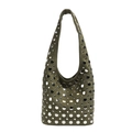 Dark green suede bucket bag with punk style silver rivets and chic shoulder strap - Green