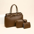 Brown faux leather 3-piece handbag set featuring a large tote, crossbody, and wallet - Khaki 3-Piece Set Bag