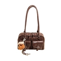 Sac Boston vintage à carreaux marron avec garniture en cuir et charm ours - Brun Sans Pendentif