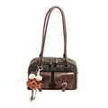 Sac Boston rétro à carreaux verts avec poignées en cuir marron et pendentif ours - Vert Sans Pendentif