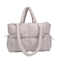 Quilted nylon tote bag in light grey with double handles and drawstring side pockets - Gray