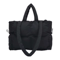 Black quilted nylon tote bag with puffer stitching and dual shoulder straps - Black