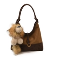Brown frosted hobo tote bag with woven handle and cute lion plush charm ornament - With Charm / Brown
