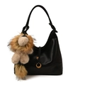 Minimalist black leather hobo tote bag featuring a cute brown lion plush charm accessory - With Charm / Black