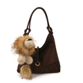 Deep brown matte tote bag with a leather ring handle and a cute lion plush pendant - With Charm / Brown