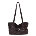Retro deep brown large capacity faux leather tote bag with decorative metal buckle straps - Coffee