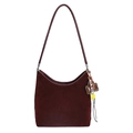 Chic burgundy suede shoulder bag with smiley face charm and leather pendant detail - With Pendant / Red
