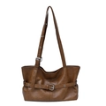 Vintage brown PU leather tote bag with silver eyelets and adjustable strap features - Brown