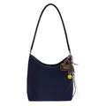 Navy blue suede shoulder bag with brown mini pouch and yellow smiley face charm accessories - With Pendant / Blue