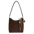 Retro dark brown suede underarm bucket bag with decorative charms and leather strap - With Pendant / Brown