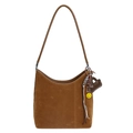 Dark brown suede hobo shoulder bag with heart charm and woven tassels on white background - With Pendant / Brown