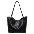 Minimalist black faux leather large capacity tote bag with long double shoulder straps - Black